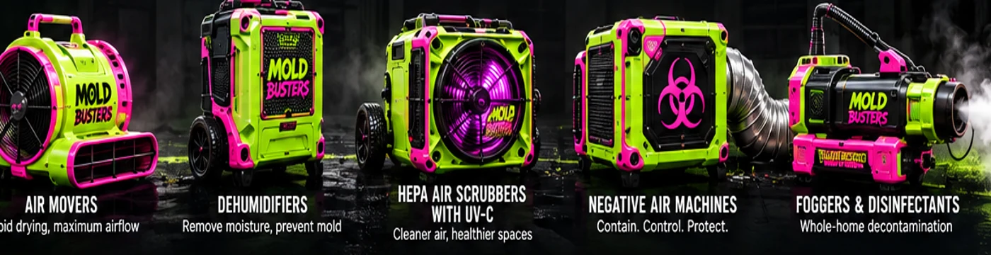 Lime green and pink branded restoration equipment: air movers, dehumidifiers, HEPA air scrubbers with UV-C, negative air machines, foggers and disinfectants